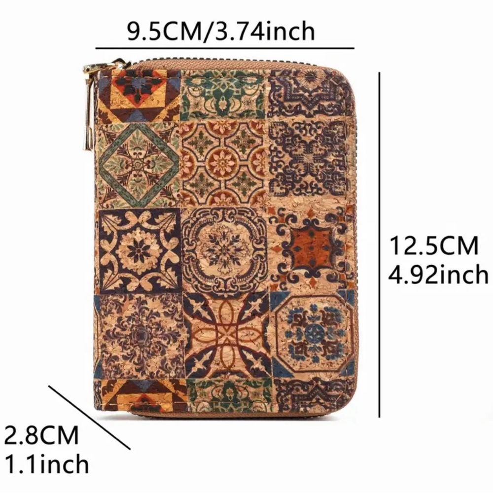 Boho Cork Mini Wallet Floral Coin Purse Zipper Credit Card Holder Vegan Travel - Picture 8 of 8